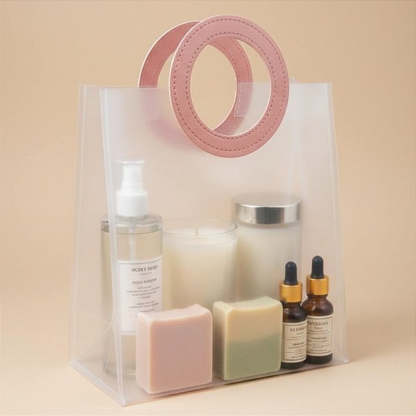 Sacola Transparente Fosca PVC com Alça Redonda de Couro Rosa - 27x23x11cm - 10 unidades - Rizzo