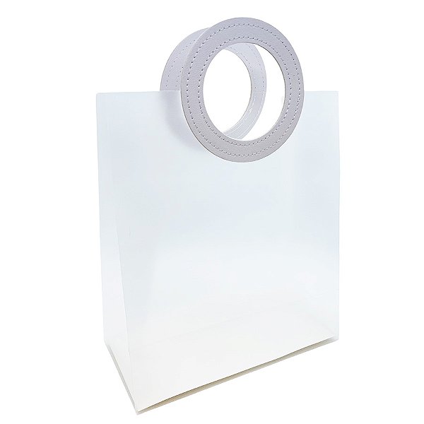 Sacola Transparente Fosca PVC com Alça Redonda de Couro Branca - 26,5x23x11cm - 1 unidade - Artlille - Rizzo