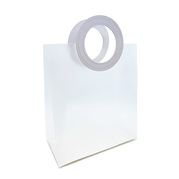 Sacola Transparente Fosca PVC com Alça Redonda de Couro Branca - 22,5x20x10cm - 1 unidade - Artlille - Rizzo