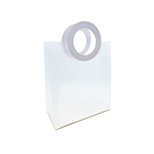 Sacola Transparente Fosca PVC com Alça Redonda de Couro Branco -  18,5x16x8cm - 1 unidade - Artlille - Rizzo