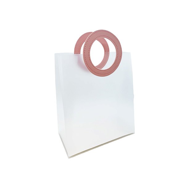 Sacola Transparente Fosca PVC com Alça Redonda de Couro Rosa - 18,5x16x8cm - 1 unidade - Artlille - Rizzo