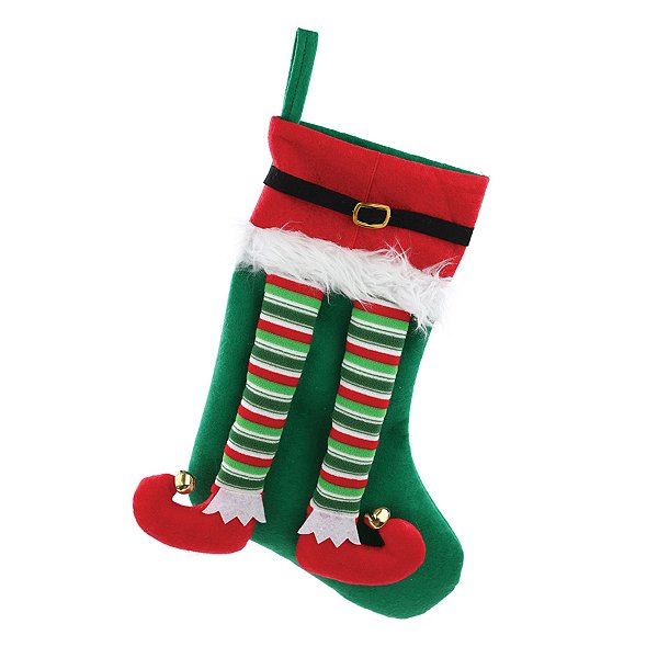 Bota de Natal para Pendurar - Pernas de Elfo Verde, Vermelho, Branco - 40cm - 1 unidade - Cromus - Rizzo