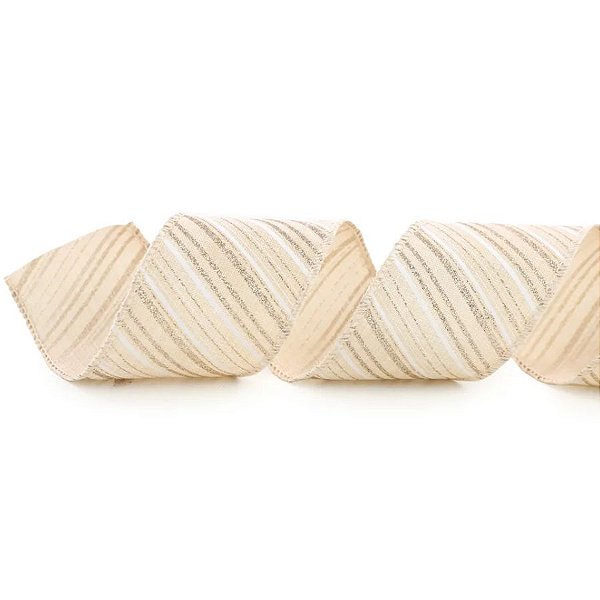 Fita Decorativa Aramada - Com Gliter Listrada Algodão Cru e Ouro - 6,3cm x 9,14m - 1 unidade - Cromus - Rizzo