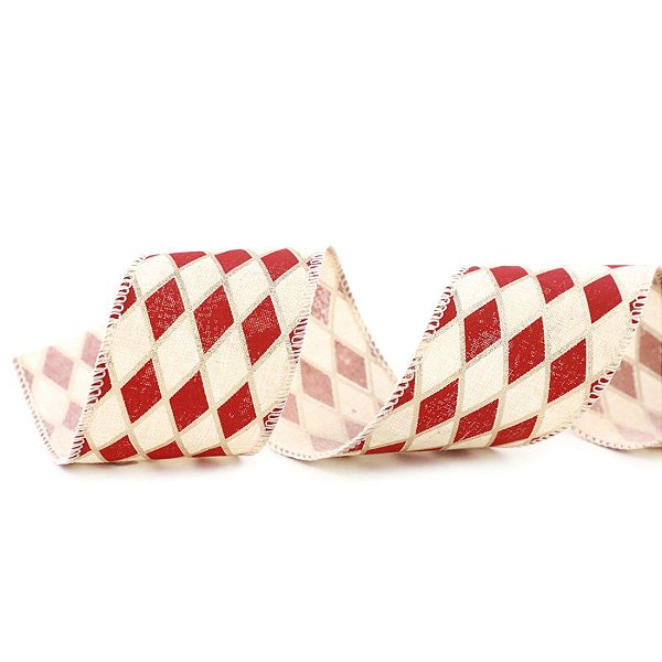Fita Decorativa Aramada - Losango Algodão Cru, Vermelho e Ouro - 6,3cm x 9,14m - 1 unidade - Cromus - Rizzo