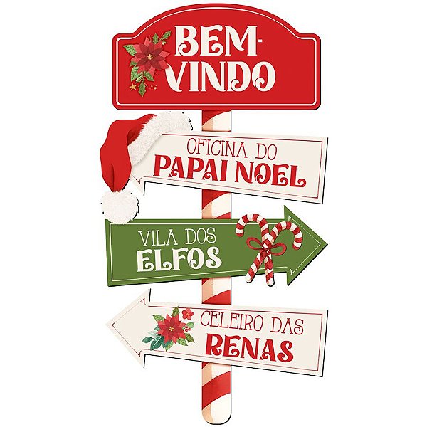 Placa Decorativa ''Bem-Vindo Oficina do Papai Noel'' - 23,5x43,5 - Ref. DHN-055 - 1 unidade - Litoarte - Rizzo