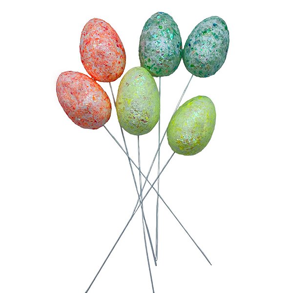 Pick Decorativo Ovos com Glitter Laranja, Verde e Amarelo de Páscoa - 21cm  - 6 unidades - Rizzo
