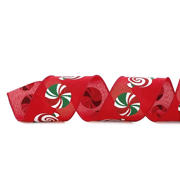 Fita Decorativa Aramada - Doces de Natal Branco, Verde e Vermelho - 6,3x914cm   - 1 unidade - Cromus - Rizzo