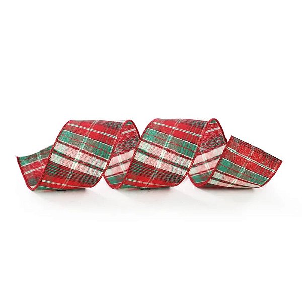 Fita Decorativa Aramada - Xadrez Vermelho, Branco e Verde - 6,3x914cm   - 1 unidade - Cromus - Rizzo