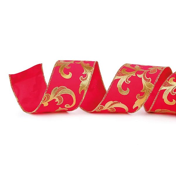 Fita Decorativa Aramada - Arabesco Vermelho e Ouro - 6,3x914cm   - 1 unidade - Cromus - Rizzo