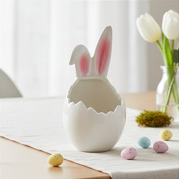 Pote Decorativo de Páscoa - Cerâmica Com Orelhas de Coelho - 18cm - 1 unidade - Cromus - Rizzo