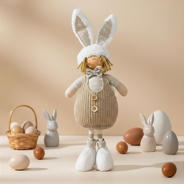 Boneco de Páscoa - Criança em Pé com Orelhas de Coelho - Bege  - 1 unidade - D&A Decor - Rizzo