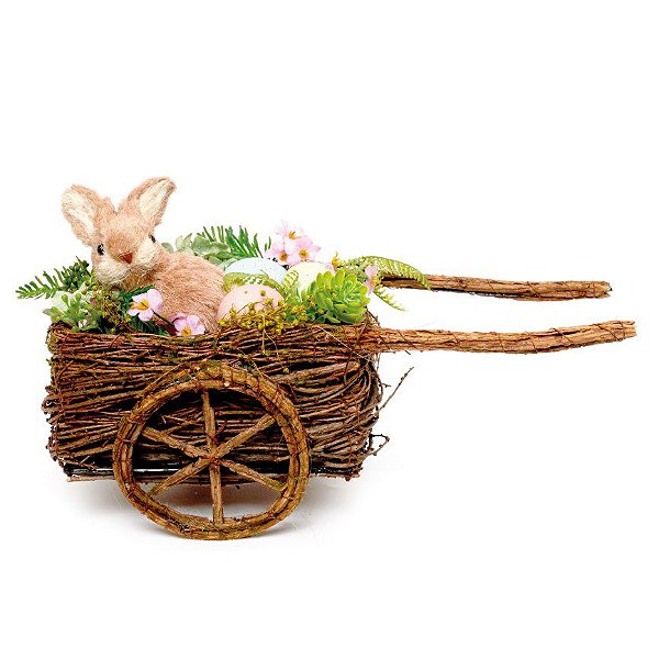 Carroça decorativa de Ratan c Coelho - 25cm x 35cm x 20cm - Cromus Páscoa - Rizzo Embalagens