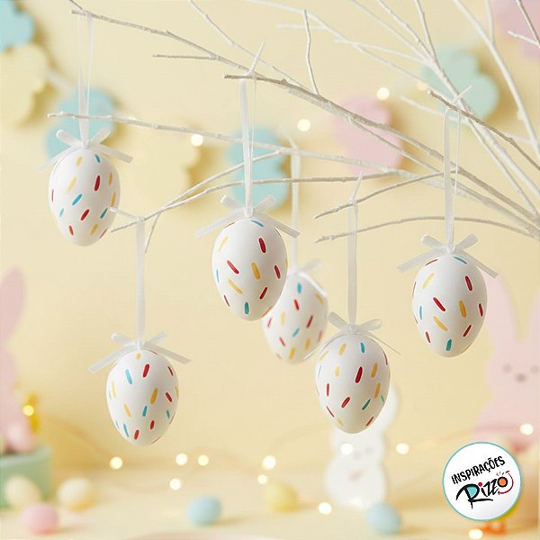 Ovinhos de Páscoa Decorativos para Pendurar - Branco Com Respingos Coloridos - 4cm - 9 unidades - Cromus - Rizzo