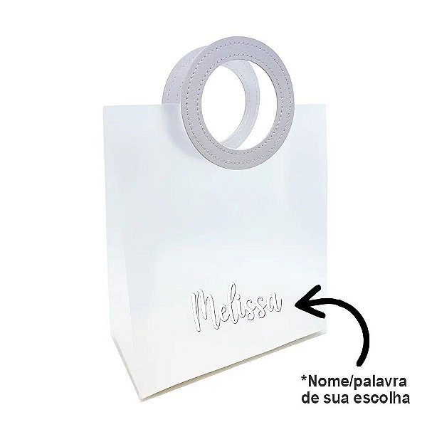Sacola PVC com Alça Redonda de Couro Branca Personalizada com Nome - 22,5x20x10cm - 1 unidade - Artlille - Rizzo