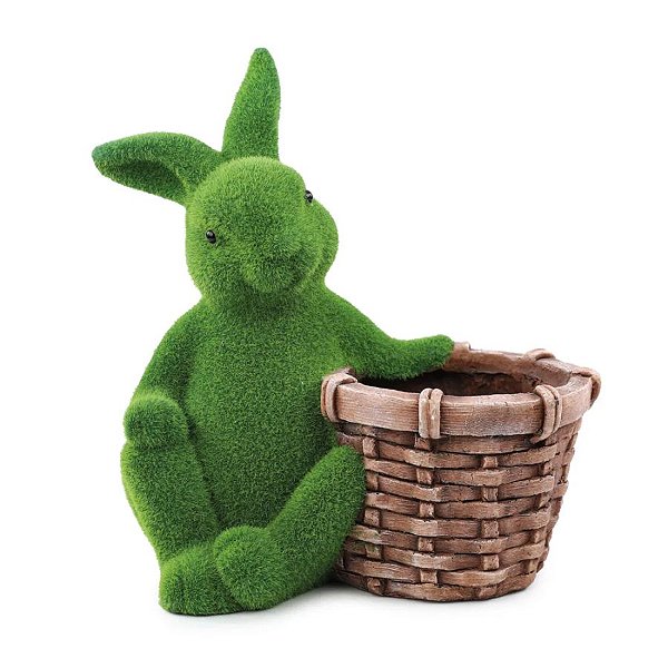 Coelho Decorativo de Grama Sentado Segurando Cesto - Cor Verde e Marrom - 33cm  - 1 unidade - Cromus - Rizzo