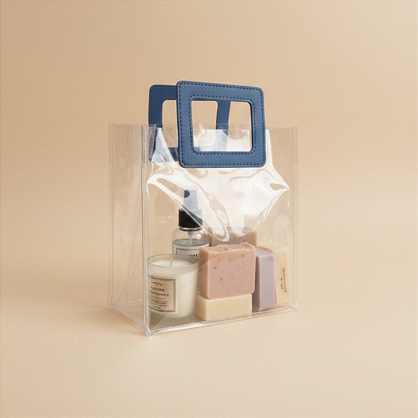 Sacola Transparente PVC com Alça Quadrada de Couro Azul - 15x15x10cm - 1 unidade - Rizzo