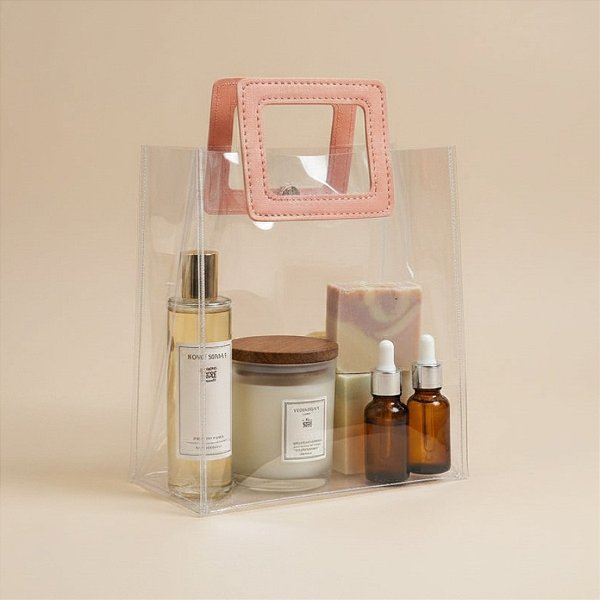 Sacola Transparente PVC com Alça Quadrada de Couro Rosa - 20x18x10cm - 1 unidade - Rizzo