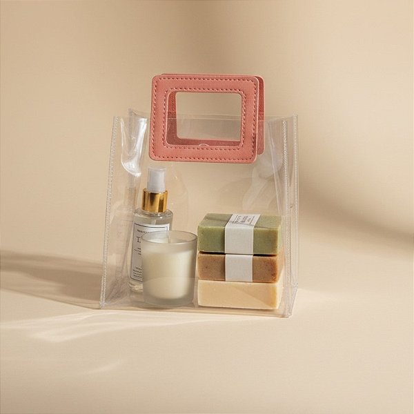 Sacola Transparente PVC com Alça Quadrada de Couro Rosa - 15x15x10cm - 1 unidade - Rizzo