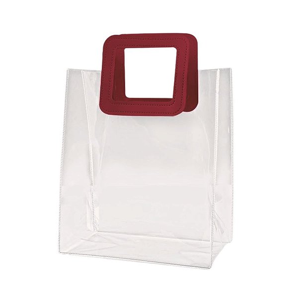 Sacola Transparente PVC com Alça Quadrada de Couro Vinho - 26x22x12cm - 1 unidade - Rizzo
