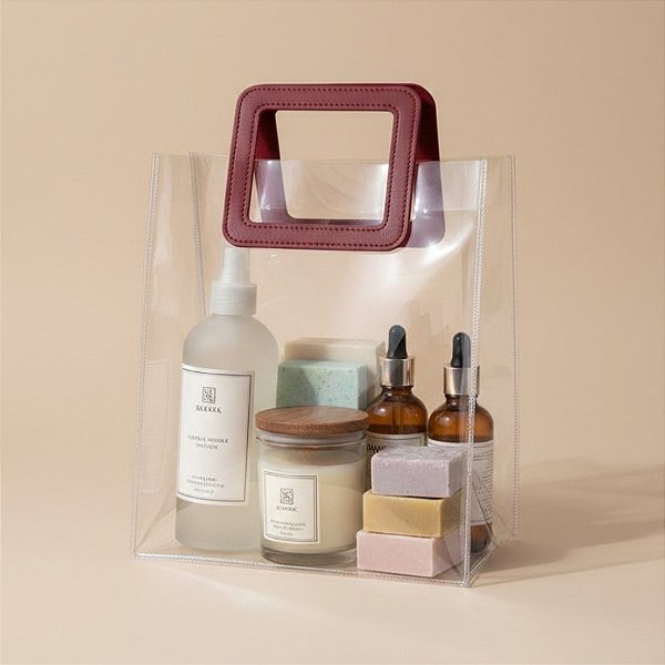 Sacola Transparente PVC com Alça Quadrada de Couro Vinho - 20x18x10cm - 1 unidade - Rizzo