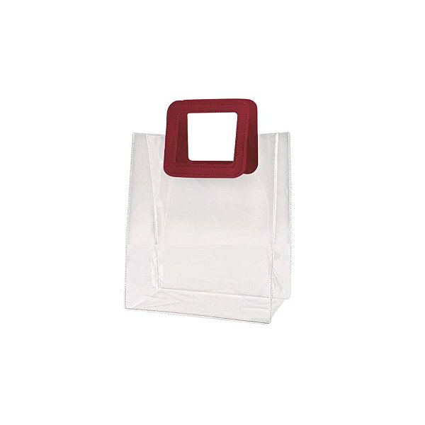 Sacola Transparente PVC com Alça Quadrada de Couro Vinho - 15x15x10cm - 1 unidade - Rizzo