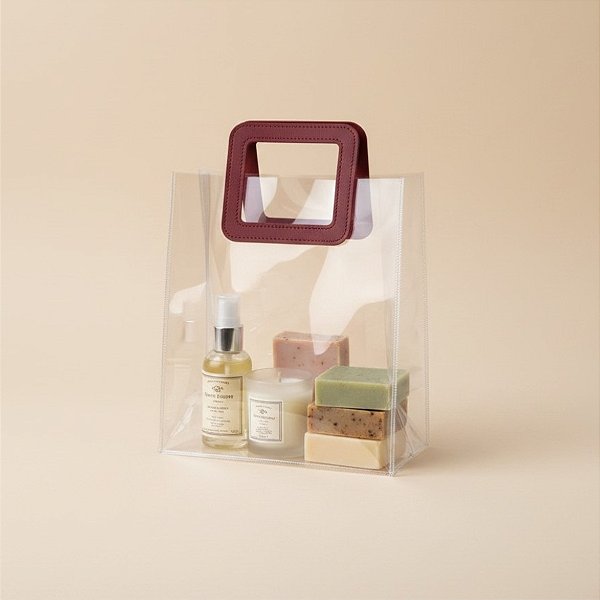 Sacola Transparente PVC com Alça Quadrada de Couro Vinho - 15x15x10cm - 1 unidade - Rizzo