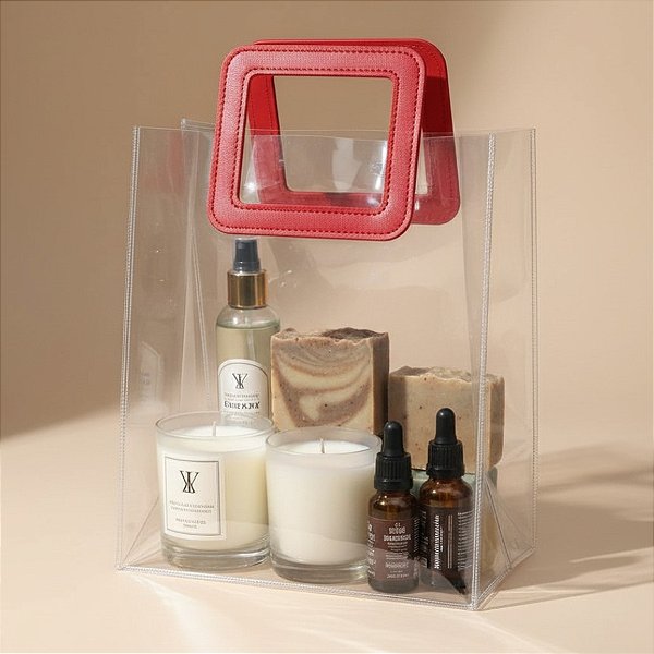 Sacola Transparente PVC com Alça Quadrada de Couro Vermelho - 26x22x12cm - 1 unidade - Rizzo