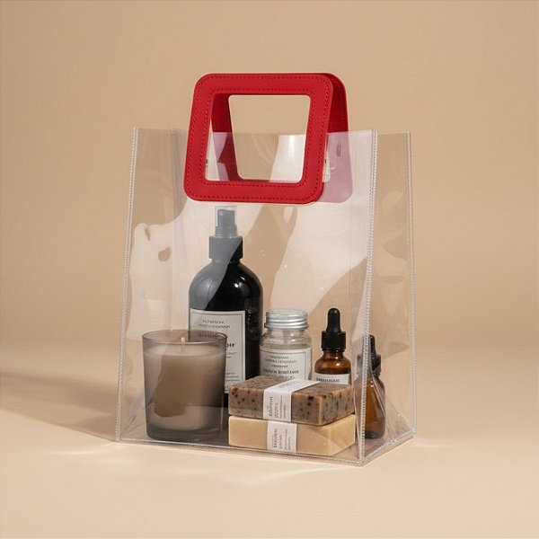 Sacola Transparente PVC com Alça Quadrada de Couro Vermelho - 20x18x10cm - 1 unidade - Rizzo