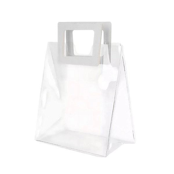 Sacola Transparente PVC com Alça Quadrada de Couro Branco - 26x22x12cm - 10 unidades - Rizzo