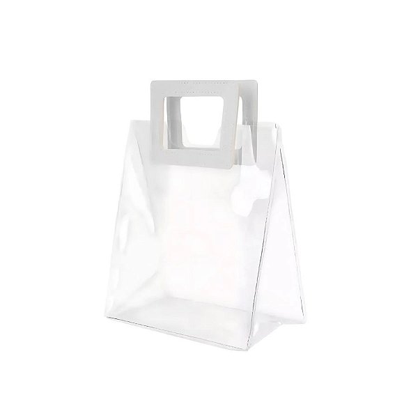 Sacola Transparente PVC com Alça Quadrada de Couro Branco - 20x18x10cm - 10 unidades - Rizzo