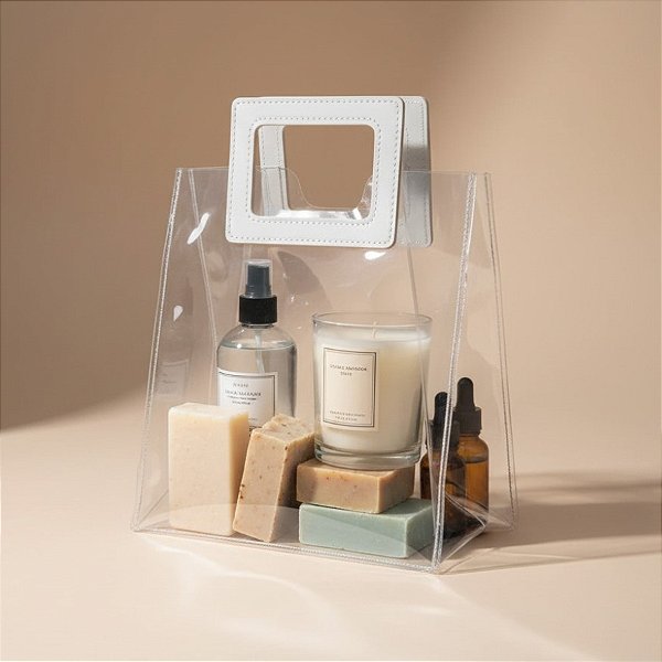 Sacola Transparente PVC com Alça Quadrada de Couro Branco - 20x18x10cm - 10 unidades - Rizzo