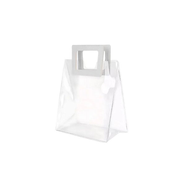 Sacola Transparente PVC com Alça Quadrada de Couro Branco - 15x15x10cm - 10 unidades - Rizzo