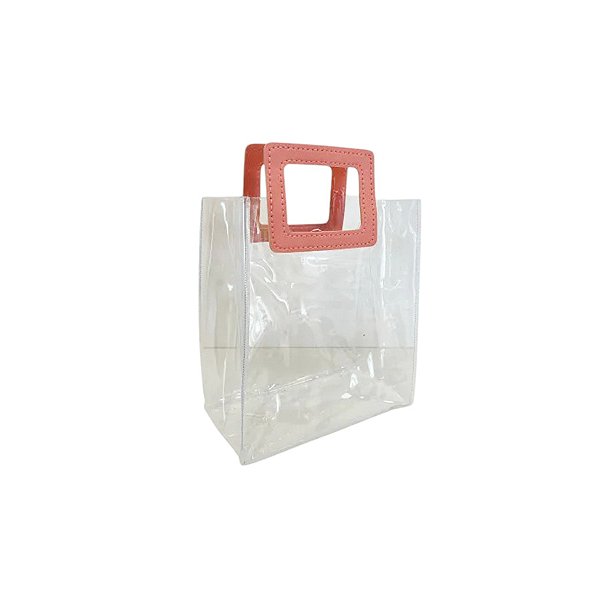 Sacola Transparente PVC com Alça Quadrada de Couro Rosa - 15x15x10cm - 10 unidades - Rizzo