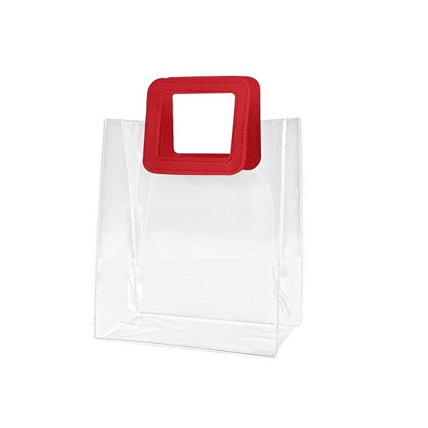 Sacola Transparente PVC com Alça Quadrada de Couro Vermelho - 20x18x10cm - 10 unidades - Rizzo
