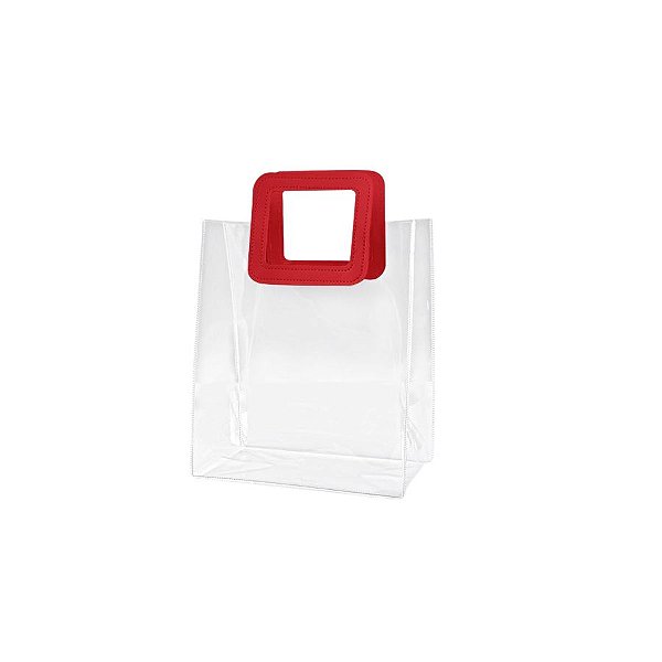 Sacola Transparente PVC com Alça Quadrada de Couro Vermelho - 15x15x10cm - 10 unidades - Rizzo