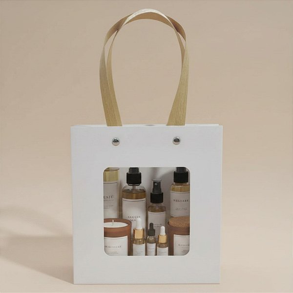 Sacola de Papel com Gaveta e Visor Alça de Fibra 22x20x9cm - Branca - 10 unidades - Rizzo