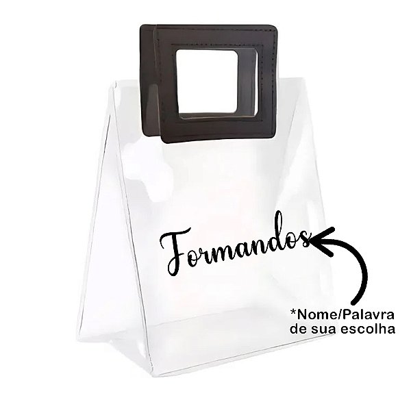 Sacola PVC com Alça Quadrada de Couro Preto Personalizada com Nome - 15x15x10cm - 1 unidade - Rizzo
