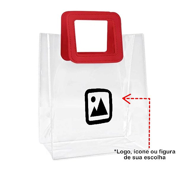 Sacola PVC com Alça Quadrada de Couro Vermelho com Logo Preto - 15x15x10cm - 1 unidade - Rizzo