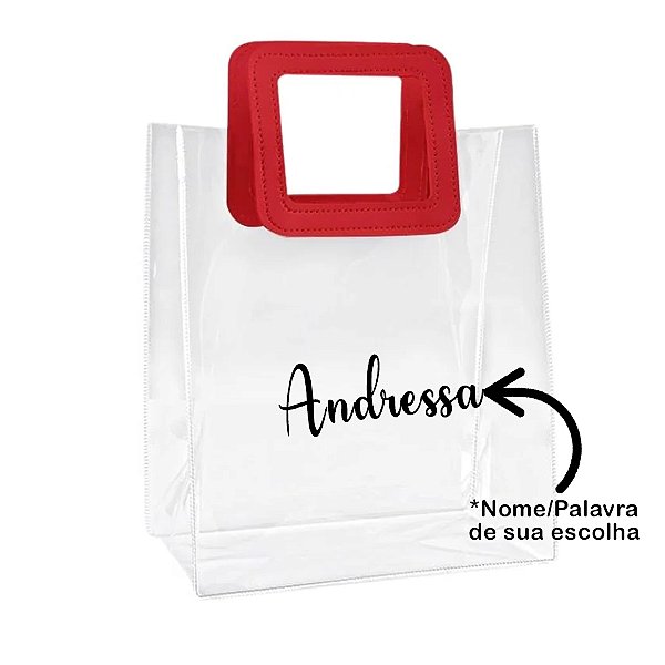 Sacola PVC com Alça Quadrada de Couro Vermelho Personalizada com Nome - 15x15x10cm - 1 unidade - Rizzo