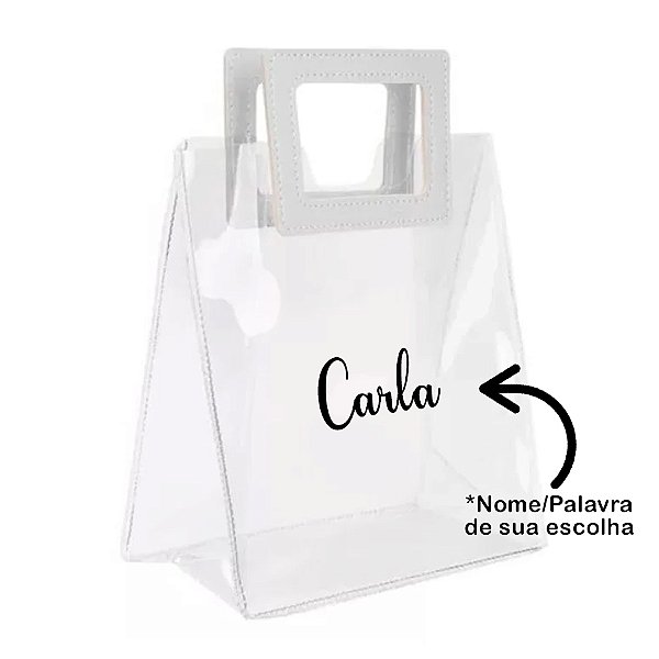 Sacola PVC com Alça Quadrada de Couro Branco Personalizada com Nome - 22x26x12cm - 1 unidade - Rizzo