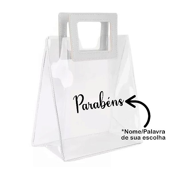 Sacola PVC com Alça Quadrada de Couro Branco Personalizada com Nome - 18x20x10cm - 1 unidade - Rizzo