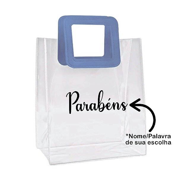Sacola PVC com Alça Quadrada de Couro Azul Personalizada com Nome - 15x15x10cm - 1 unidade - Rizzo