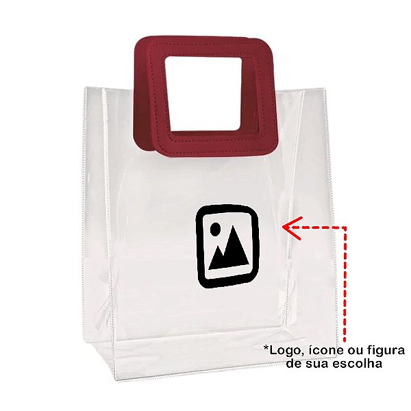 Sacola PVC com Alça Quadrada de Couro Vinho com Logo Preto - 26x22x12cm - 1 unidade - Rizzo
