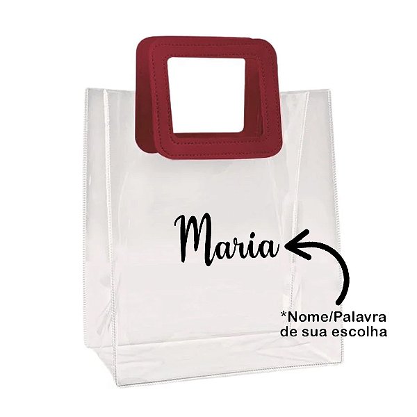 Sacola PVC com Alça Quadrada de Couro Vinho Personalizada com Nome - 20x18x10cm - 1 unidade - Rizzo