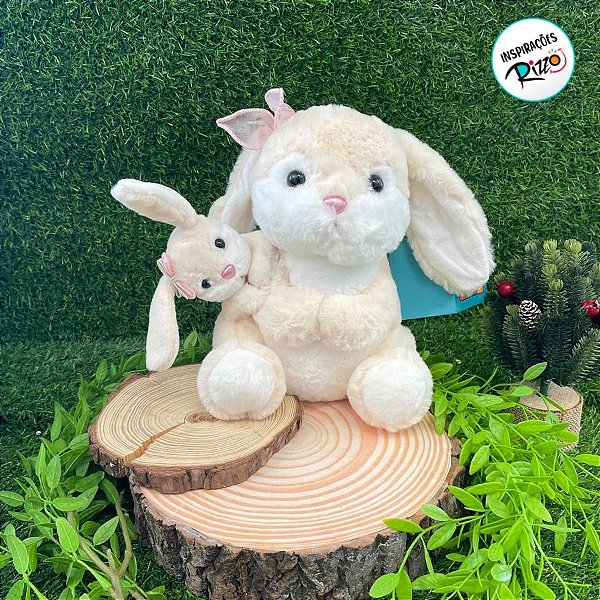 Coelho de Pelúcia Branco Sentado com Filhote - 23cm - 1 unidade - Rizzo