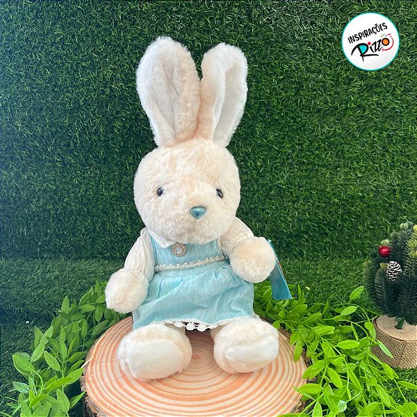Coelho de Pelúcia Branco com Vestido Azul - 30cm - 1 unidade - Rizzo