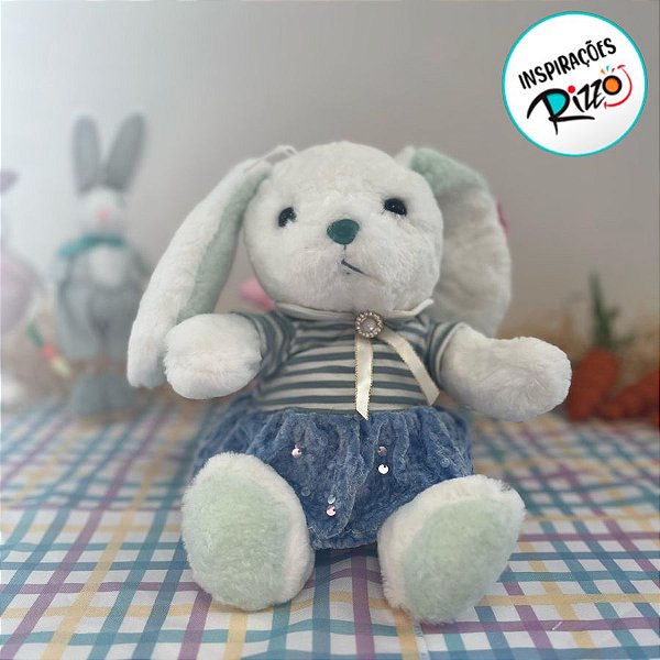 Coelha de Pelúcia Branco e Verde com Saia Azul - 30cm - 1 unidade - Rizzo