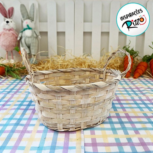 Cesta Decorativa de Bambu Oval com alça - Palha - 18cm - 1 unidade - Cromus  - Rizzo