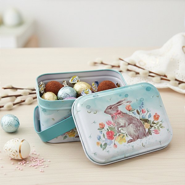 Lata de Metal Retangular com Alça de Páscoa - Coelho com Flores - 10,5x7,8x6,4cm - 1 unidade - Rizzo