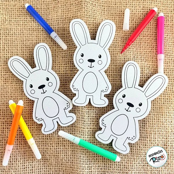 Kit para Colorir de Páscoa - 11,5cm - 3 Coelhos e 6 Canetinhas - Rizzo